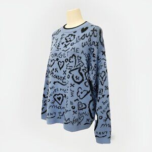 Gitano Knit Love Vtg Blue Black Doodle Print Sweater Sz S Casual Fall Graffiti